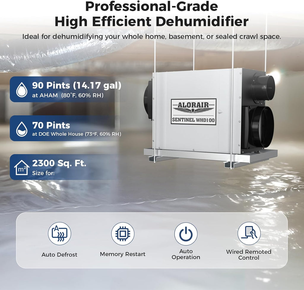 Whole House Dehumidifier, 90 PPD Commercial Grade Whole Home Dehumidifiers for Garages, Water Damage Restoration