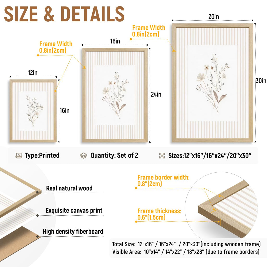 Vintage Wildflower Wall Art Set of 2, Neutral Flower Botanical Poster Print, Beige Striped Floral Wall Decor, Rustic