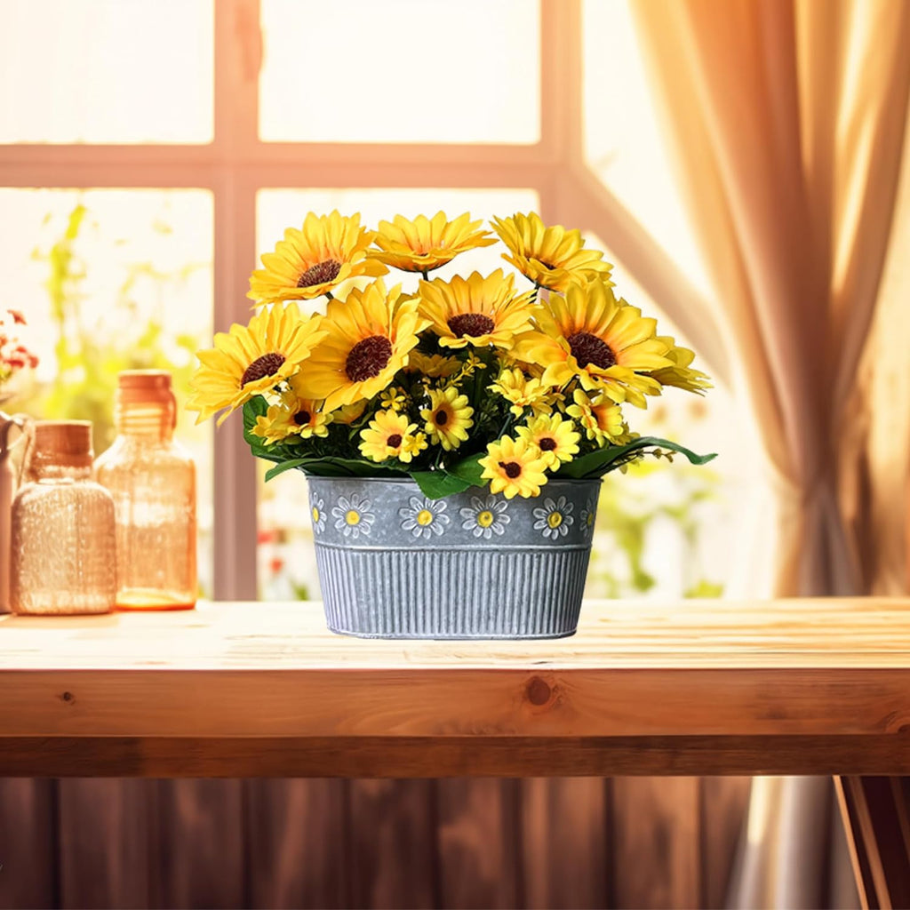 Artificial Flowers Fake Sunflowers in Pot, Faux Silk Flowers Floral Table Centerpiece Decoration, Rustic Potted - Set of 3
