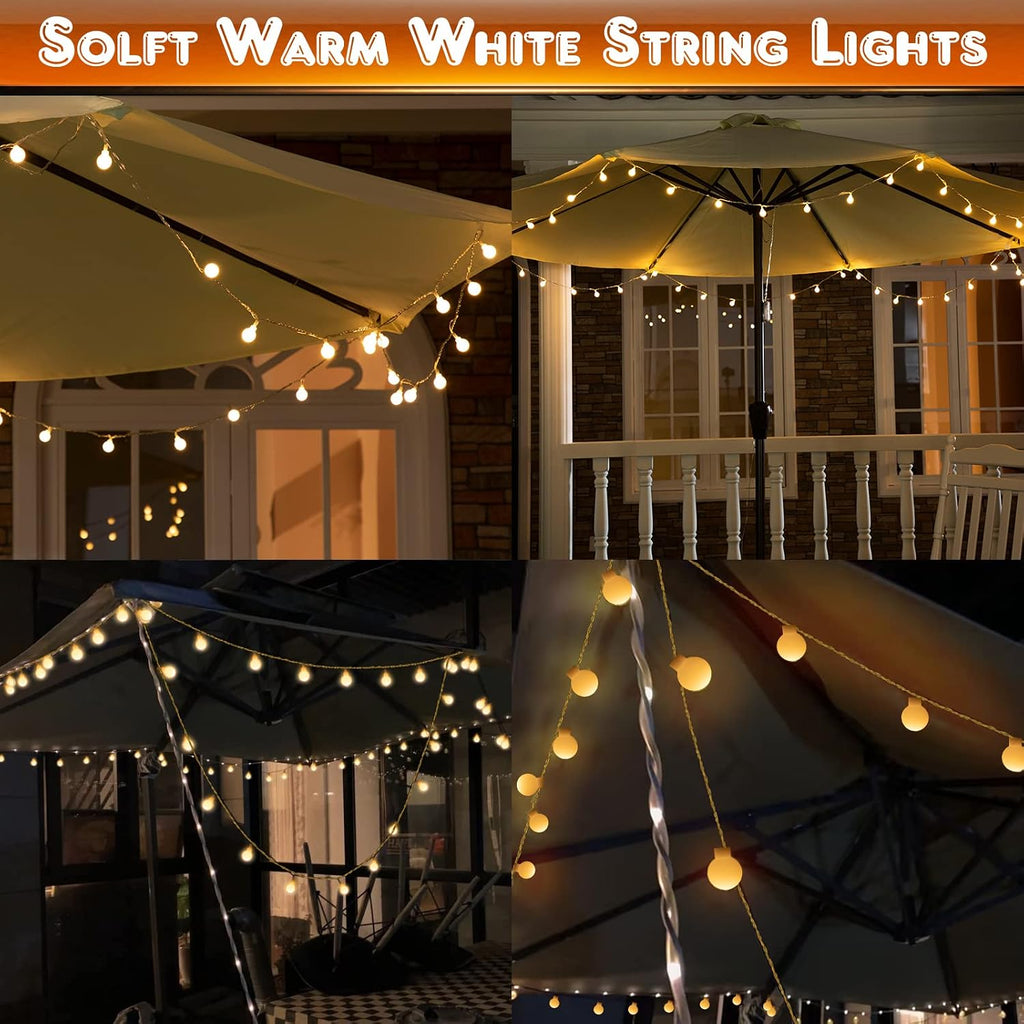1 Pack 32 Feet Patio Umbrella Lights, 8 Lighting Modes LED String Lights with 64 Pcs Shatterproof Globe