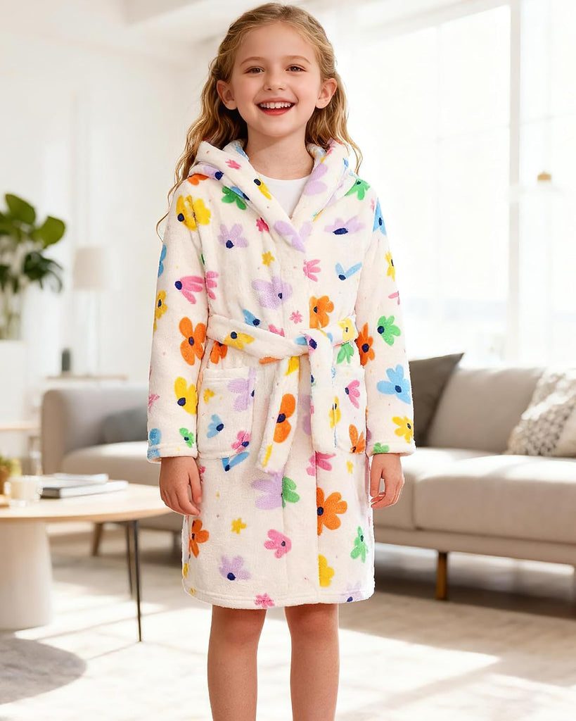 Kids Toddler Boys Girls Fleece Robe Soft Hooded Bathrobe Pajamas Sleepwear