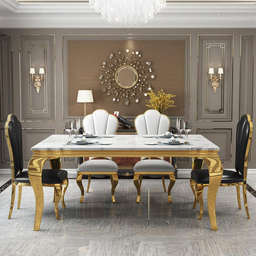 Marble Dining Table for 4 6, 68 Inch White Gold Kitchen Table with Faux Marble Top & Cabriole Stainless Steel Legs