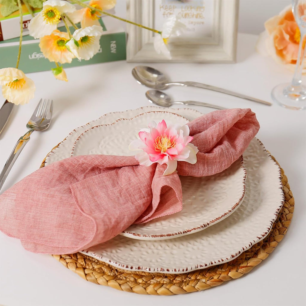 Pink Dahlia Flower Napkin Rings, Handmade Floral Napkin Rings with Jute Buckles Dinner Napkin Holder - Set of 8