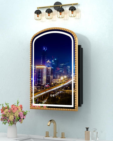 20x28 Inch Arched Medicine Cabinet with Mirror and Lights, LED Bathroom Mirror Cabinet with Defogging & Touch Light
