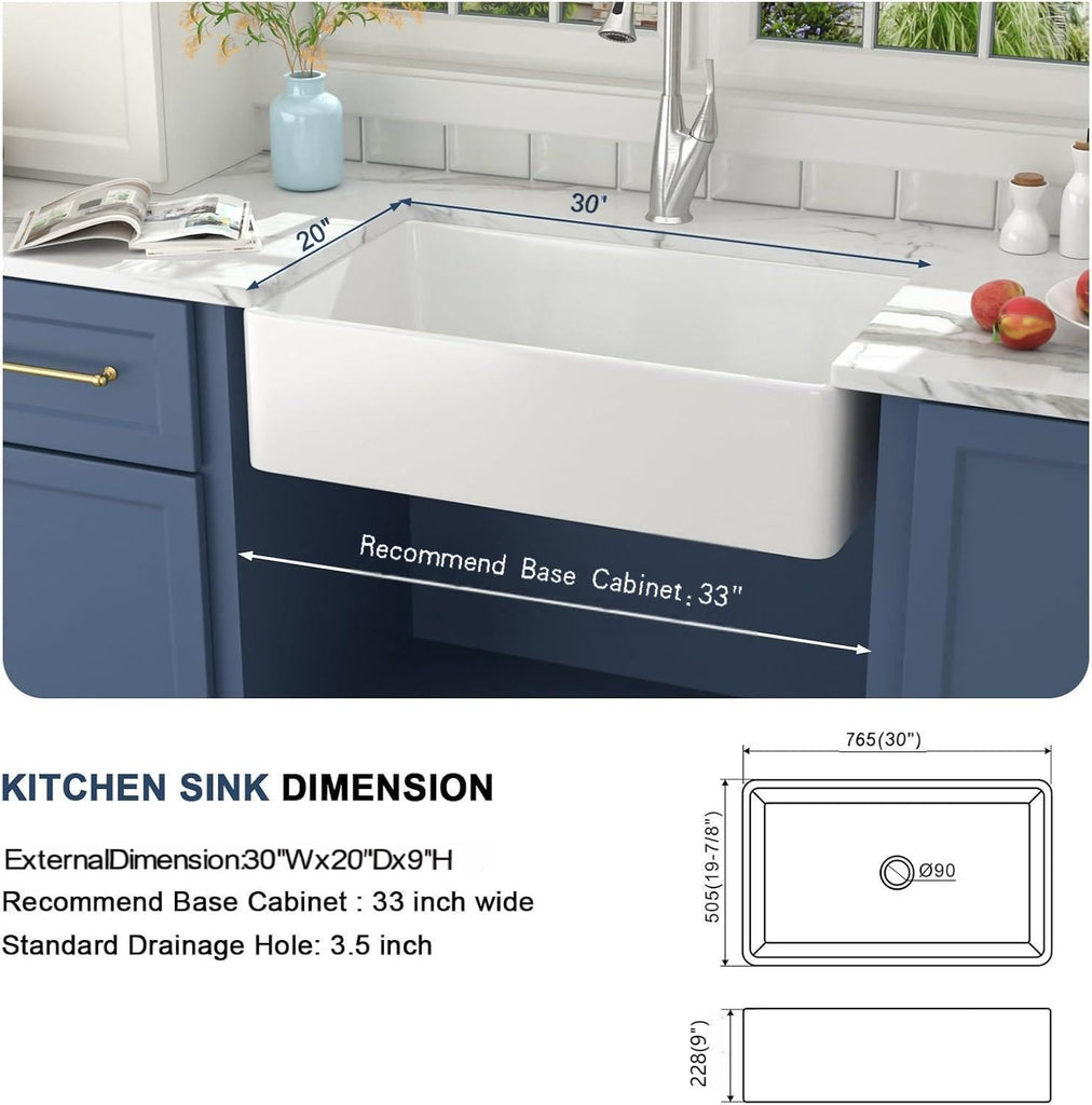 30 Inch White Farmhouse Kitchen Sinks Apron Front Flat Fireclay 30x20 Porcelain Ceramic Farmers Single Bowl Farmer