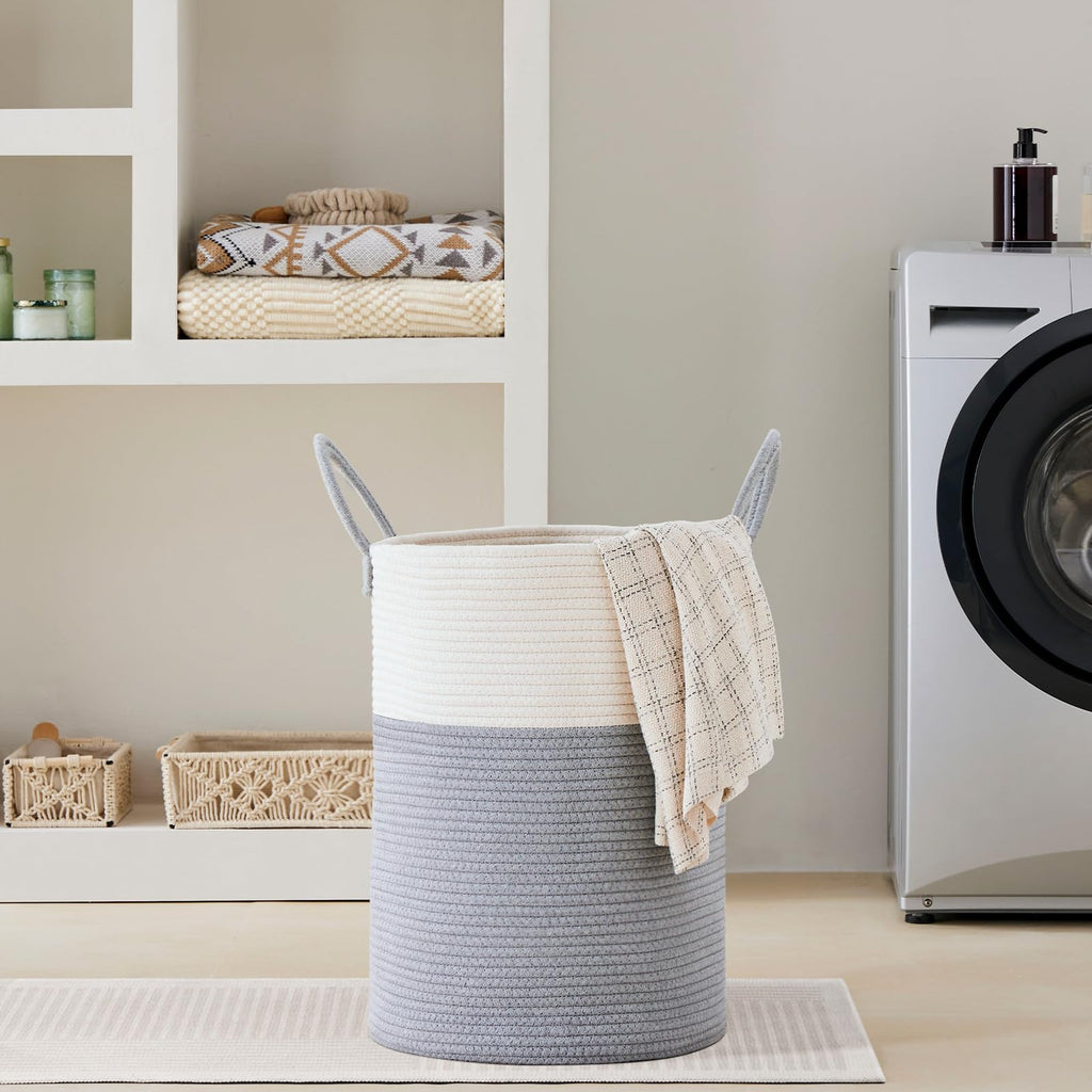 72L Tall Woven Laundry Basket Hamper, Grey White