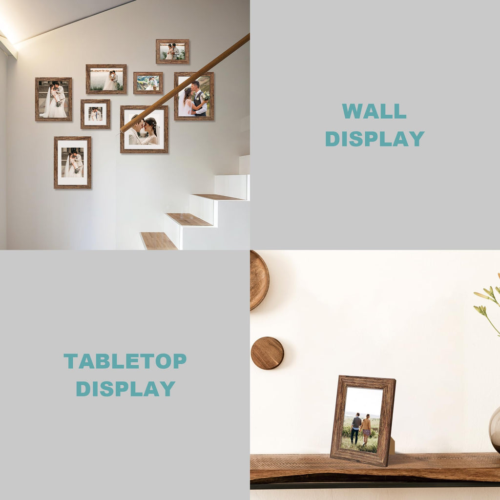 6x6 Picture Frame Set of 4 with Real Glass, Rustic Frames Display 4x4 Picture with Mat or 6 x 6 Without Mat, Wood