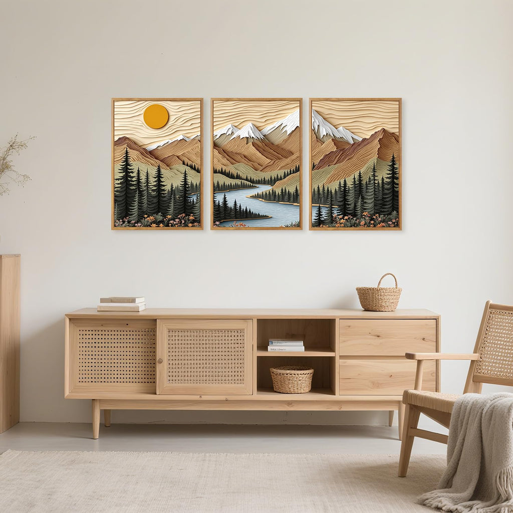 Mountain Forest Framed Canvas Wall Art Set Of 3, Rustic Nature Wall Decor, Scenic Lake Sunrise Landscape Painting