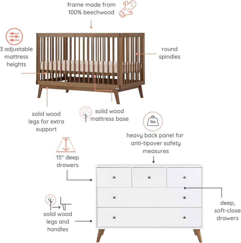 Harmony Crib & Dresser Set Nursery Furniture Combo, White/Walnut | Soho 3-in-1 Convertible, Beechwood, Made in Italy