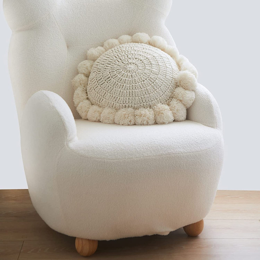 Boho Round Throw Pillow with Cute Handmade Pom Poms Tassels 18 Inch, Decorative Circular Knitted Crochet Cushion for