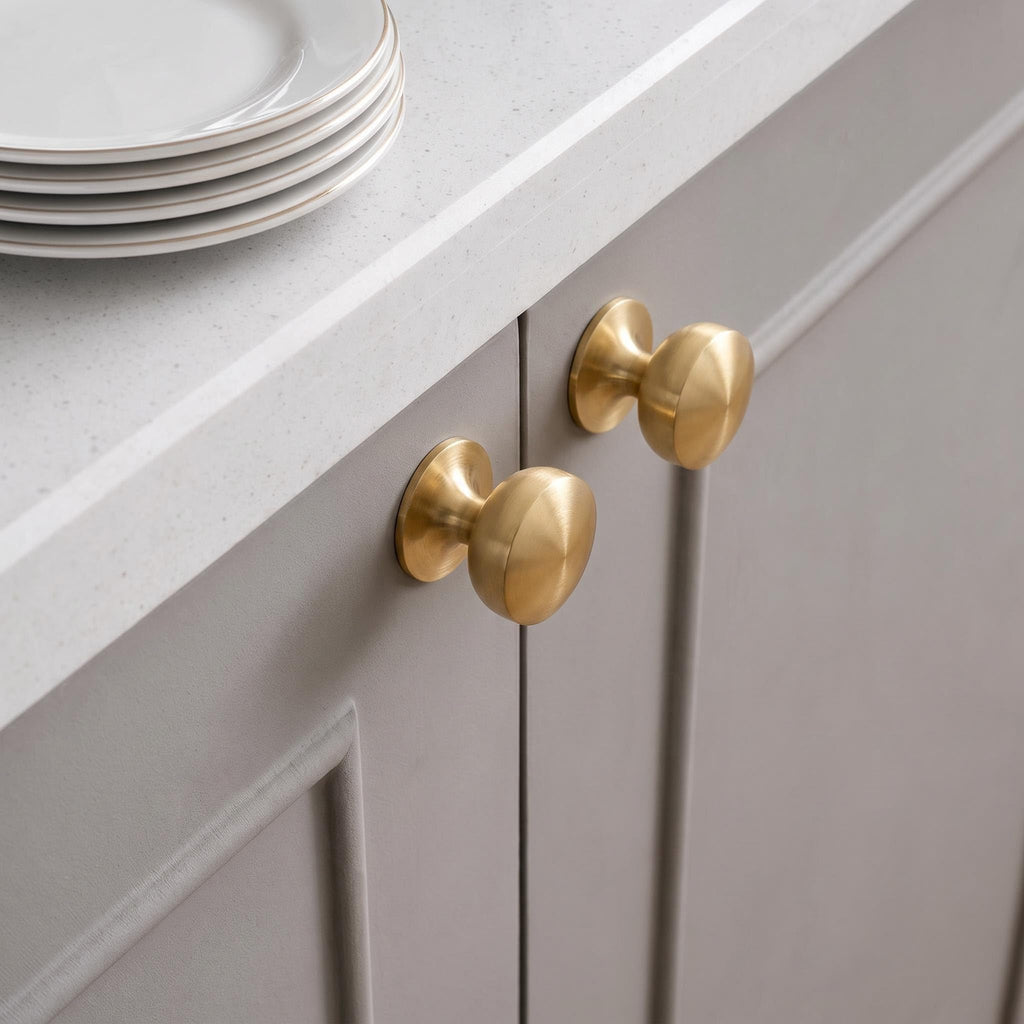 Solid Brass Cabinet Knobs with Wide Base, 1-1/8 Inch Brushed Gold Drawer Knobs, 4 Pack Round Dresser Knobs Cabinets
