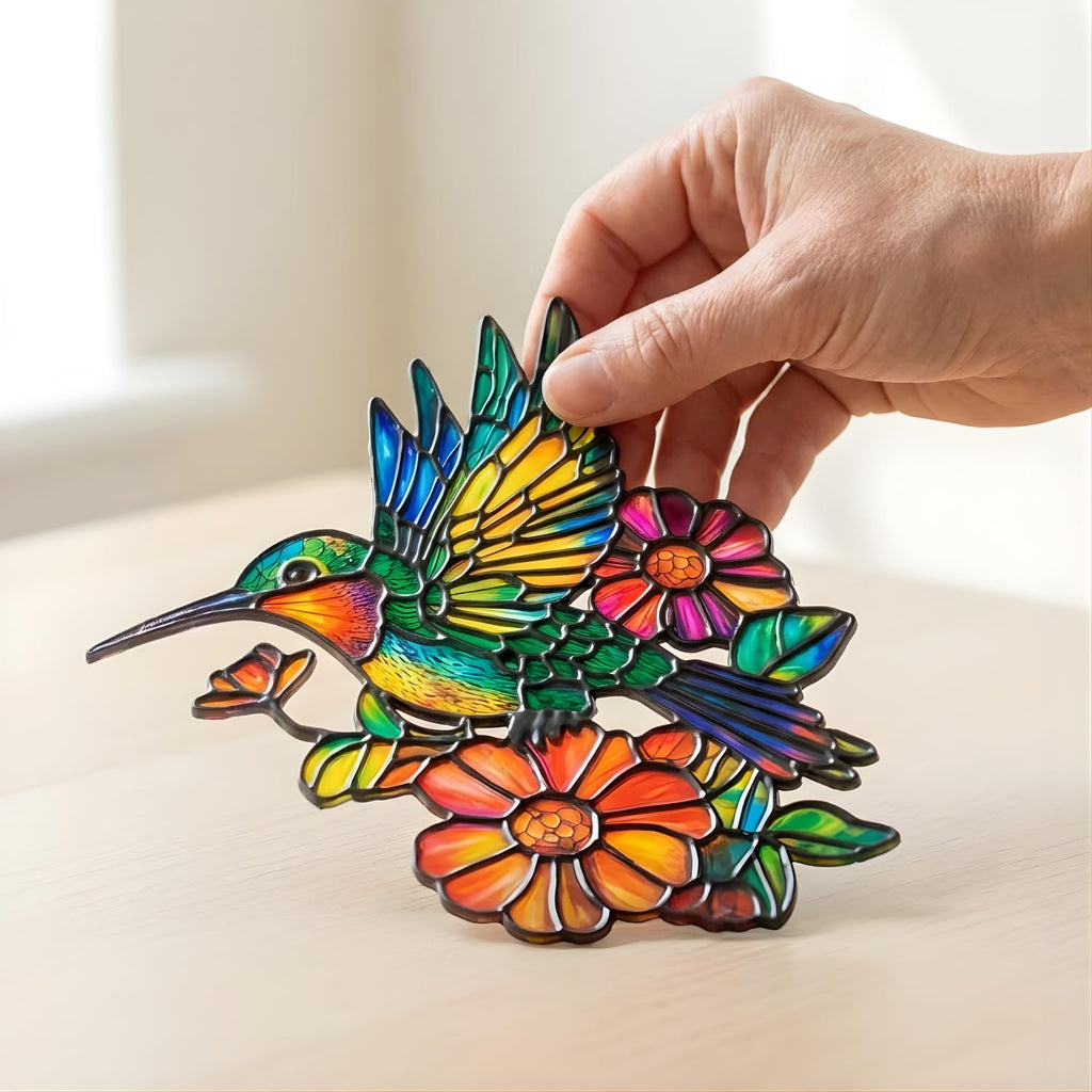 Hummingbird Flower Resin Suncatcher Size 6 Inches, Stained Glass Effect Hummingbird Ornaments Window Hanging Garden