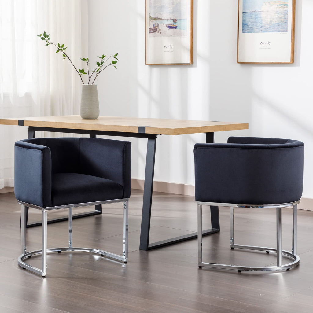 Velvet Dining Chairs Set of 3 Modern Barrel Arm Chairs with Chrome Metal Frame, Upholstered Kitchen Chairs 18.5" Wide