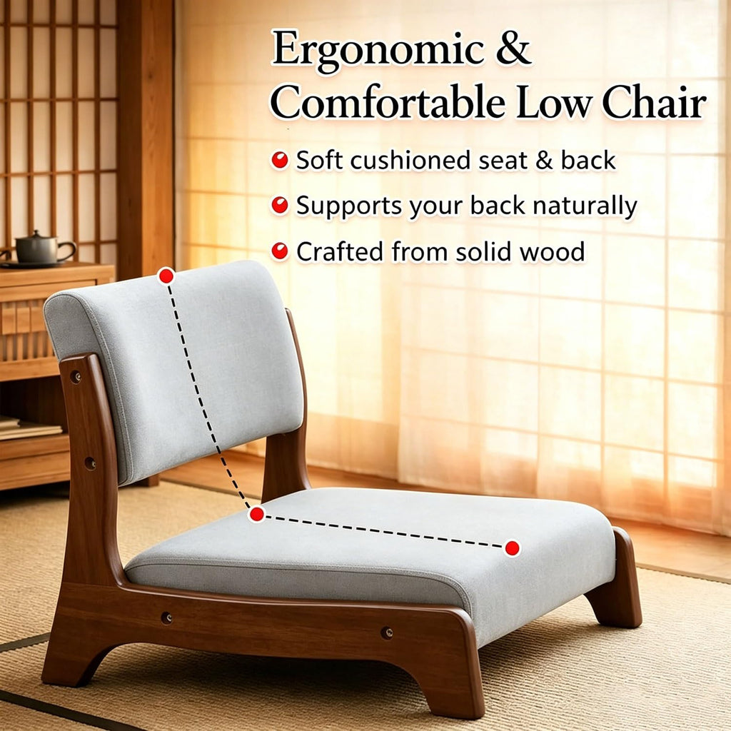 Japanese Floor Chair, Zaisu Meditation Chair, Back Support, Wood Low-Back Tatami, Soft Cushion, Portable Armless for