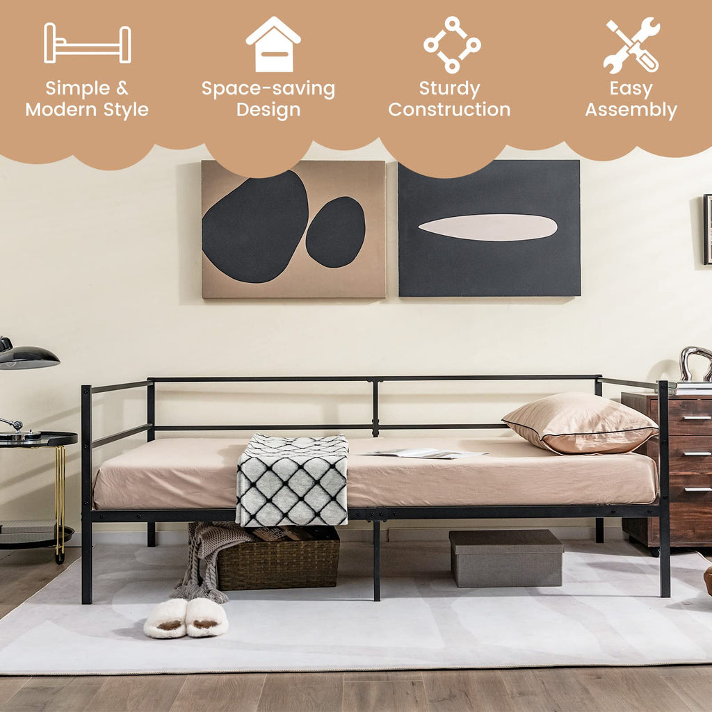 Metal Twin Daybed Frame, Day Bed with Metal Slat Support & 3-Sided Guardrails, 2-in-1 Space-Saving Sofa Bed Guest