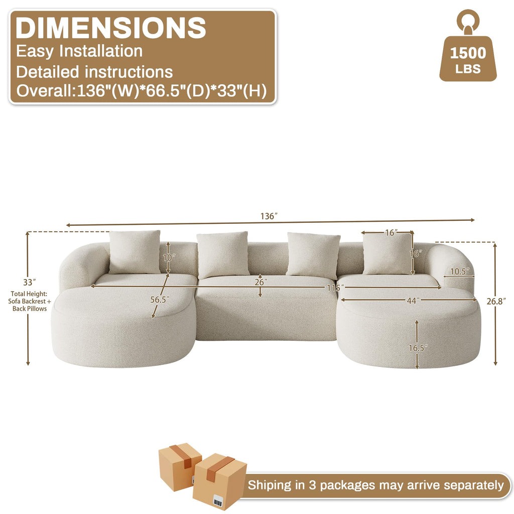136"Oversized Luxury Modern Tight, Curved Back, Beige