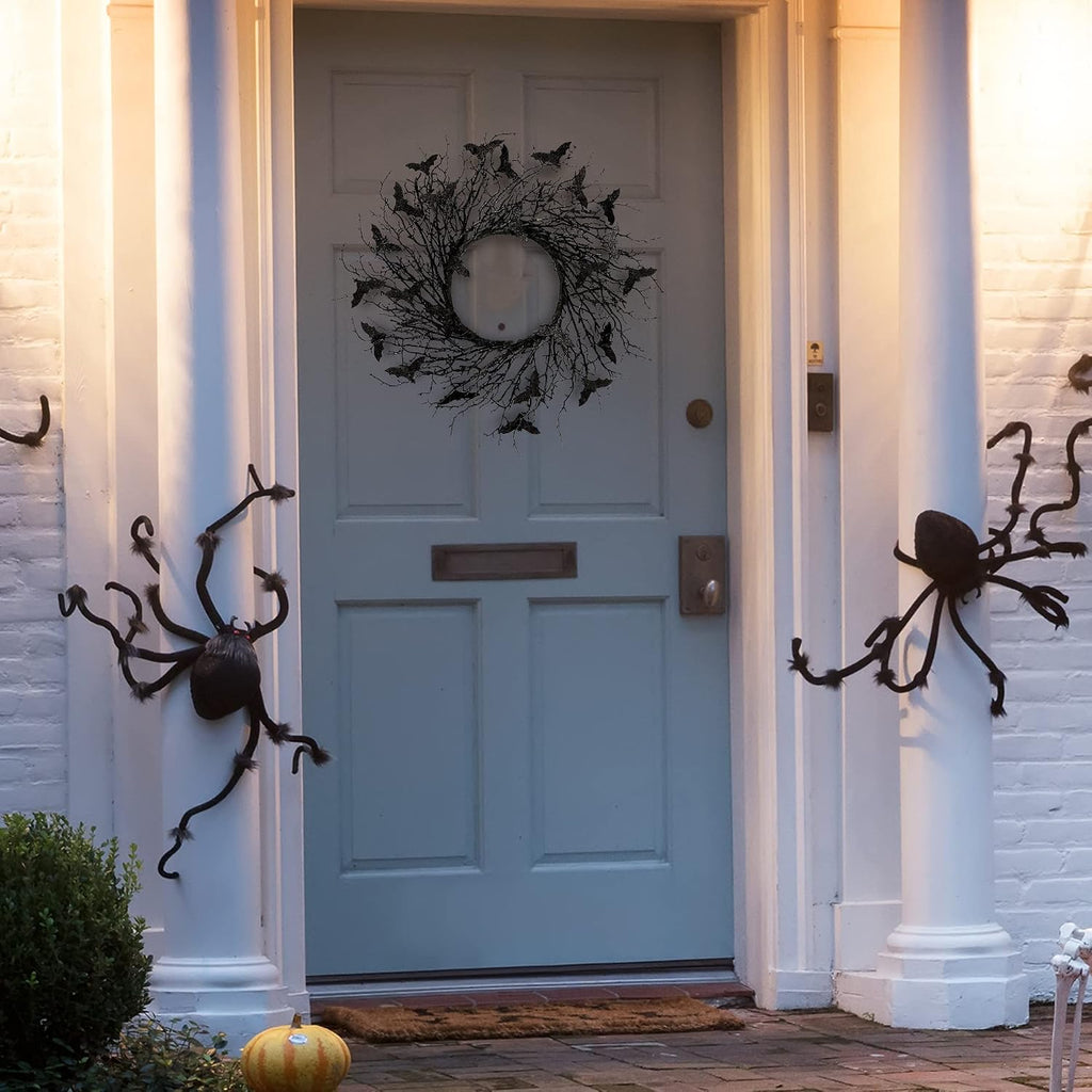 17.7"Artificial Black Twig Wreath with Glitter Bats - Handmade Sparkling Hanging Decorations for Front Door