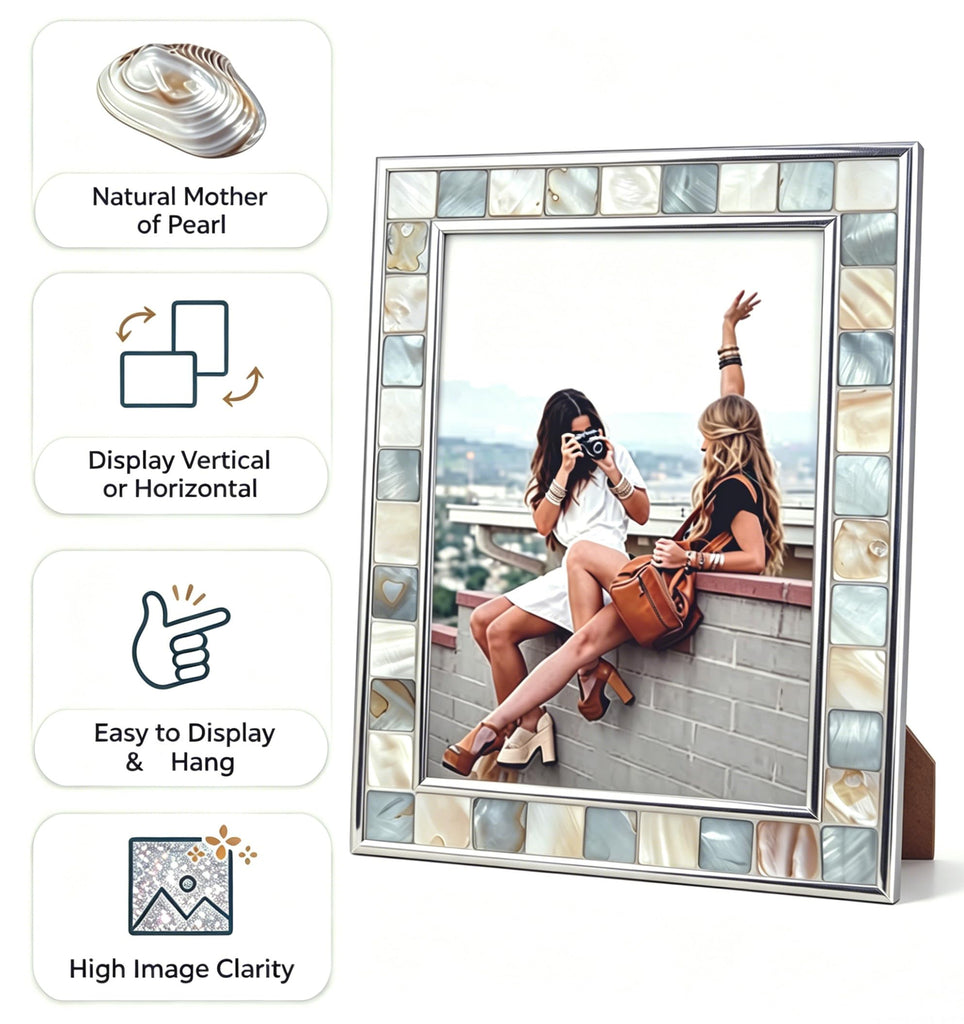 Silver Plate Picture Frame 4x6 Mother of Pearl 4 by 6 Photo Frame Mosaic Glass Tabletop Frame (Grey+ White, 1pc)