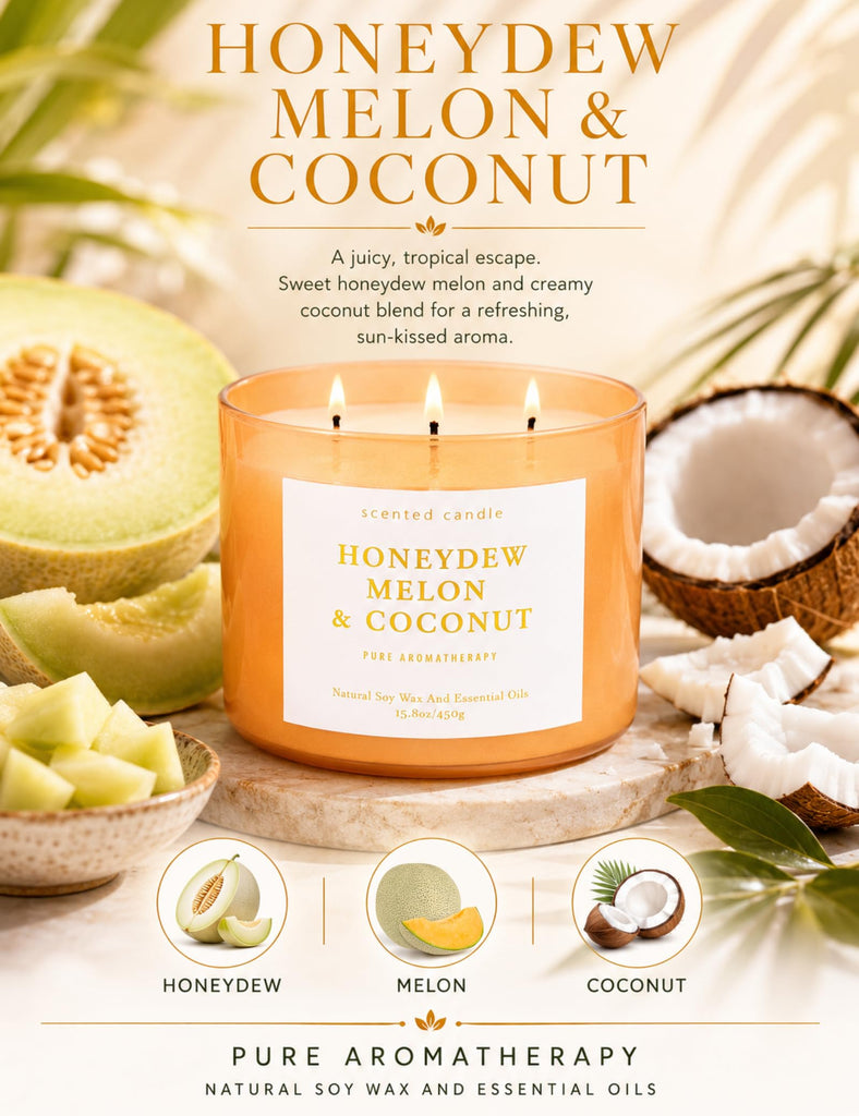 Fruity Honeydew Melon Coconut Scented Candle, Large 3 Wick Soy, 15.8 Oz