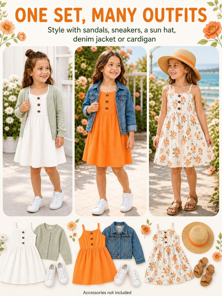 Girls Dresses Toddler Girls Dress Pack Summer Casual Party Print Skater Dress Sundress White/Orange