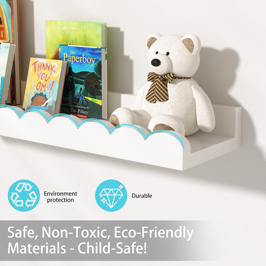 White Scalloped Nursery Shelves for Wall, Pack Floating Book Shelves for Kids Room, Wall Mounted Kids Bookshelves