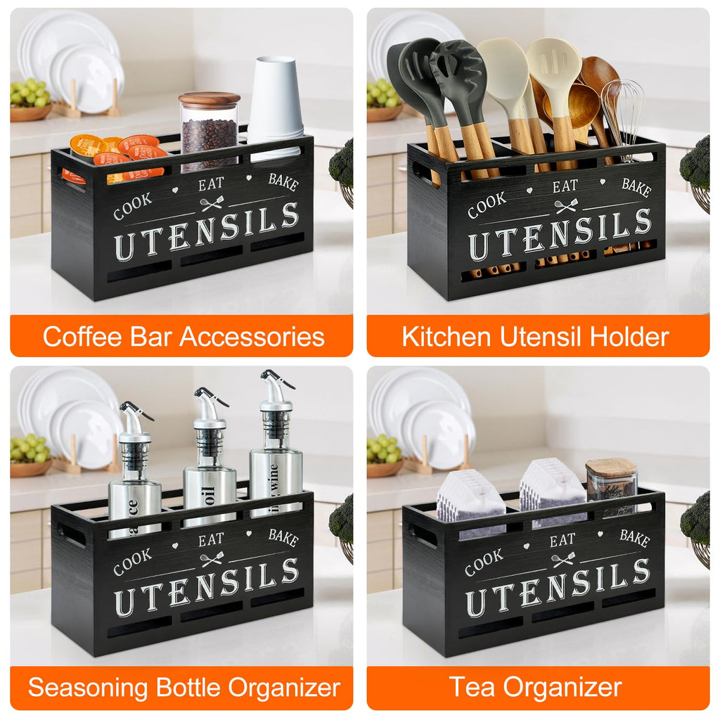 Large Black Wood Utensil Holder Decor Spoon Spatula Organizer
