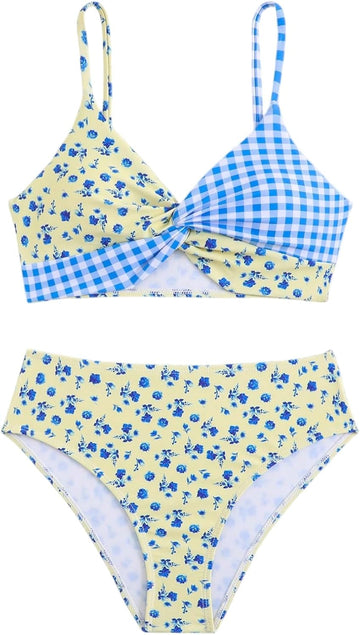 Girls 2 Piece Bikini Sets Twist Front Gingham Ditsy Floral Print Adjustable Straps Bathing Suit Tween Beach Swimwear