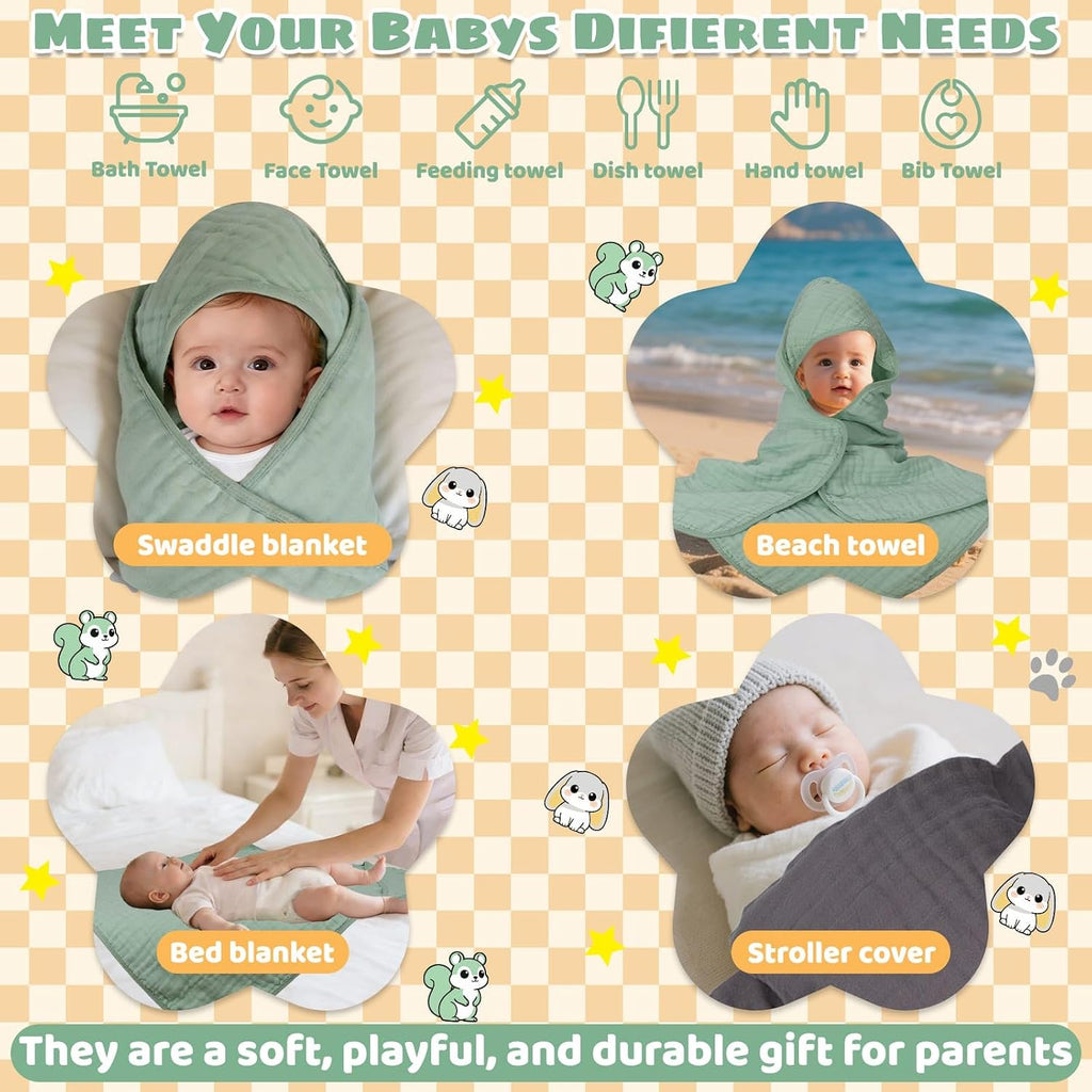 6 Pcs Muslin Hooded Baby Bath Towels Sets - 2 Pack 100% Cotton Baby Towel & 4 Pack Muslin Washclothes- 32x32Inch Baby