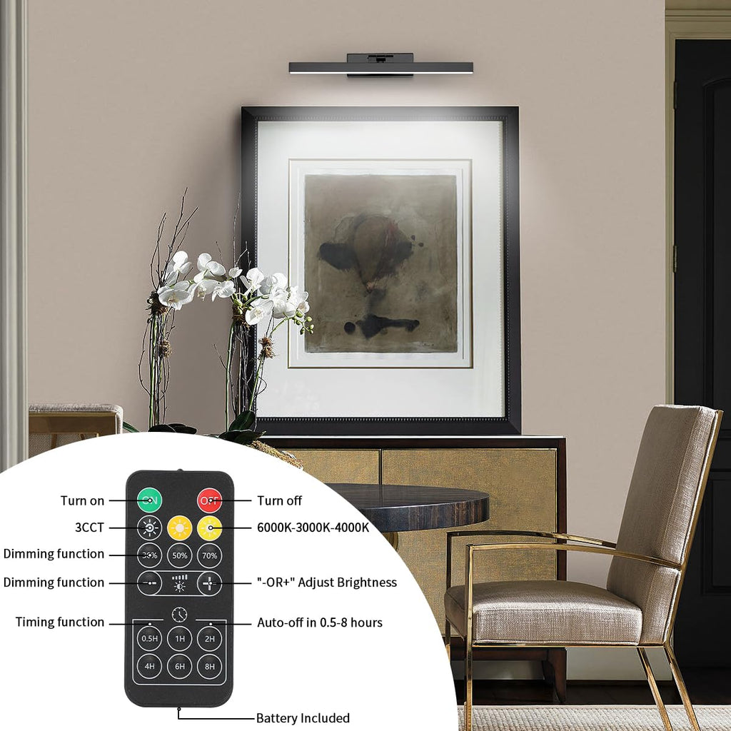 Wireless Picture Light Battery Operated Gallery Light with Remote Control Rechargeable Wall Lights Black 15.35"