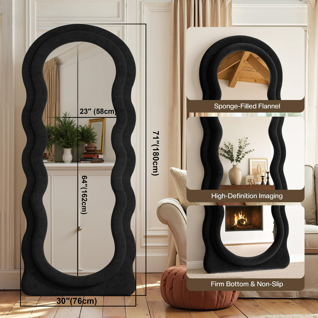 Full Length Mirror 71"x30" Irregular Wavy Full Body Wall Mounted Floor Mirror with Stand Black Flannel Frame Leaning