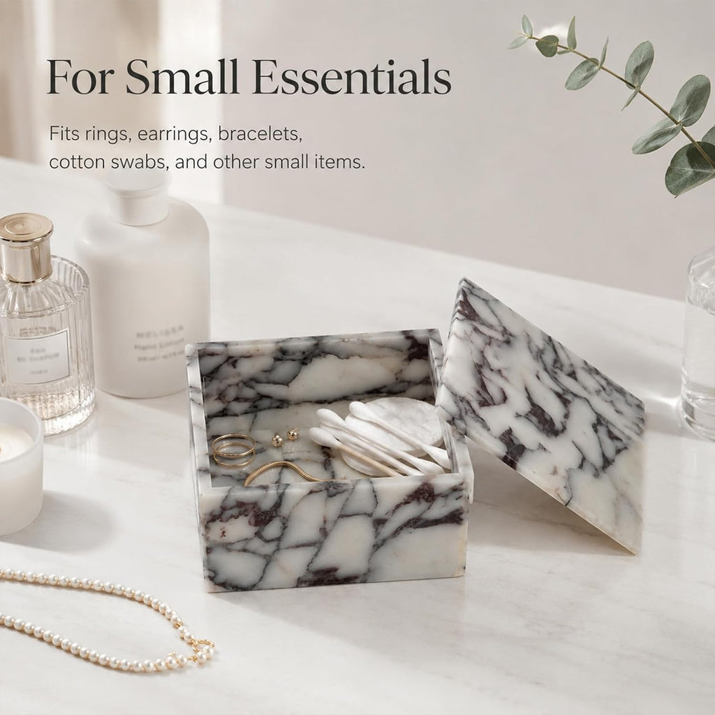 Natural Marble Square Jewelry Box with Lid, 5.91
