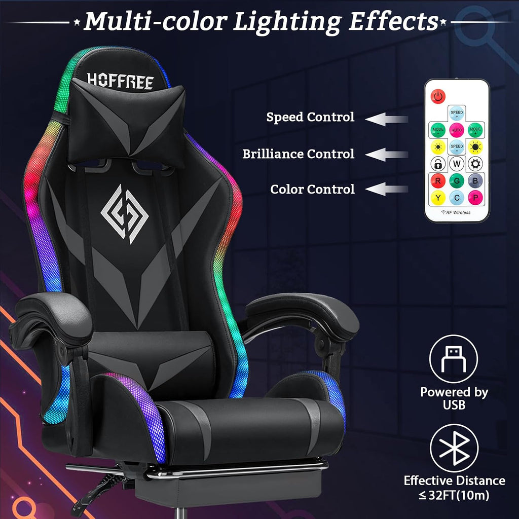 Gaming Chair with Bluetooth Speakers RGB LED Lights Computer Chair-Grey | Ergonomic Massage Game Chair with Footrest