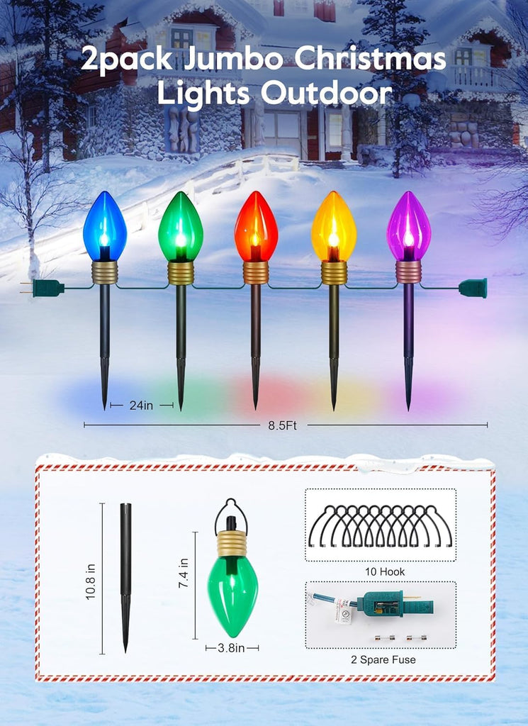 Jumbo C9 Christmas Pathway Lights Outdoor,2Pack Total 17FT C9 Walkway Light