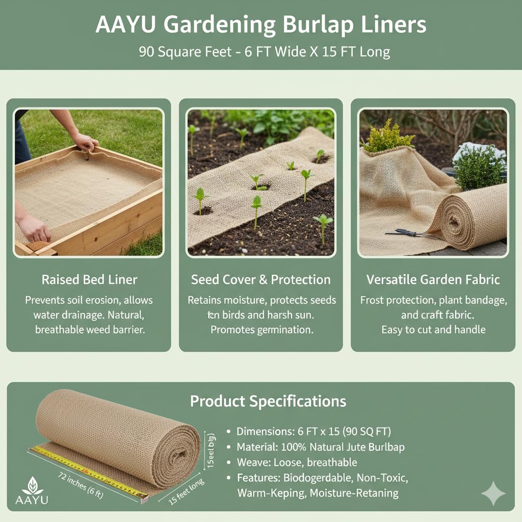 72 Inch X 15 Feet Gardening Burlap Liners, 90 Sq Ft (6 FT W X 15 FT L) Loose Weave Jute-Burlap for Raised Bed, Seed