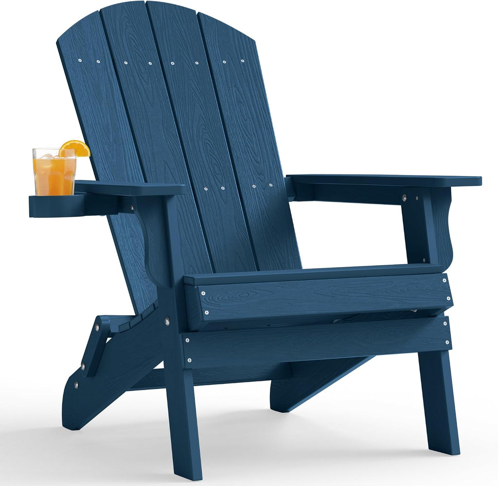 Oversized Plastic Adirondack Chair - Navy Blue | Folding Outdoor Chairs with Cup Holder, Weather Resistant for
