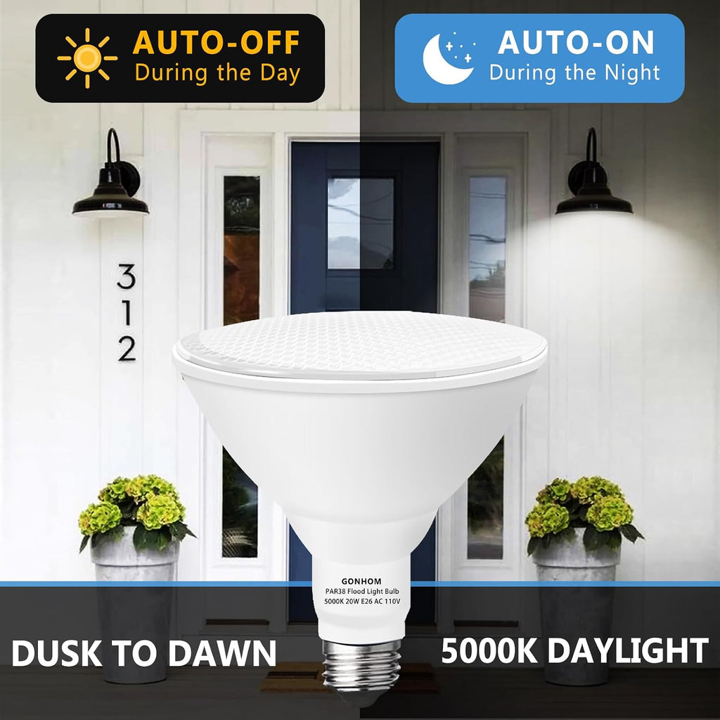 Par38 LED Dusk to Dawn Flood Light Bulbs Outdoor,20W Replace up to 200W,1800LM,E26 Base Outdoor Flood Light Bulbs