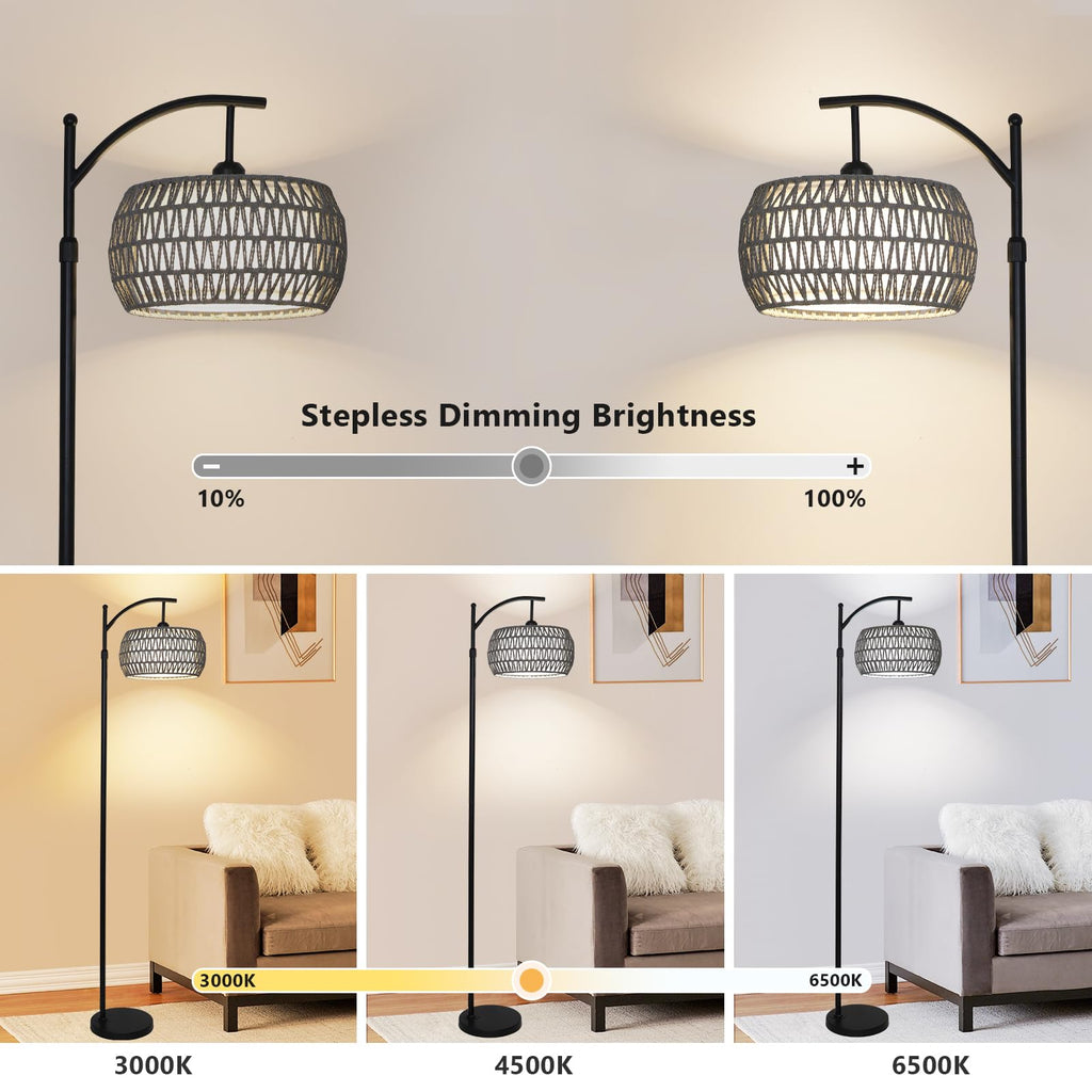 Arc Floor Lamp, Boho Standing Lamp with Remote & LED Smart Bulb, Rattan Floor Lamps with 3 Color Temperatures