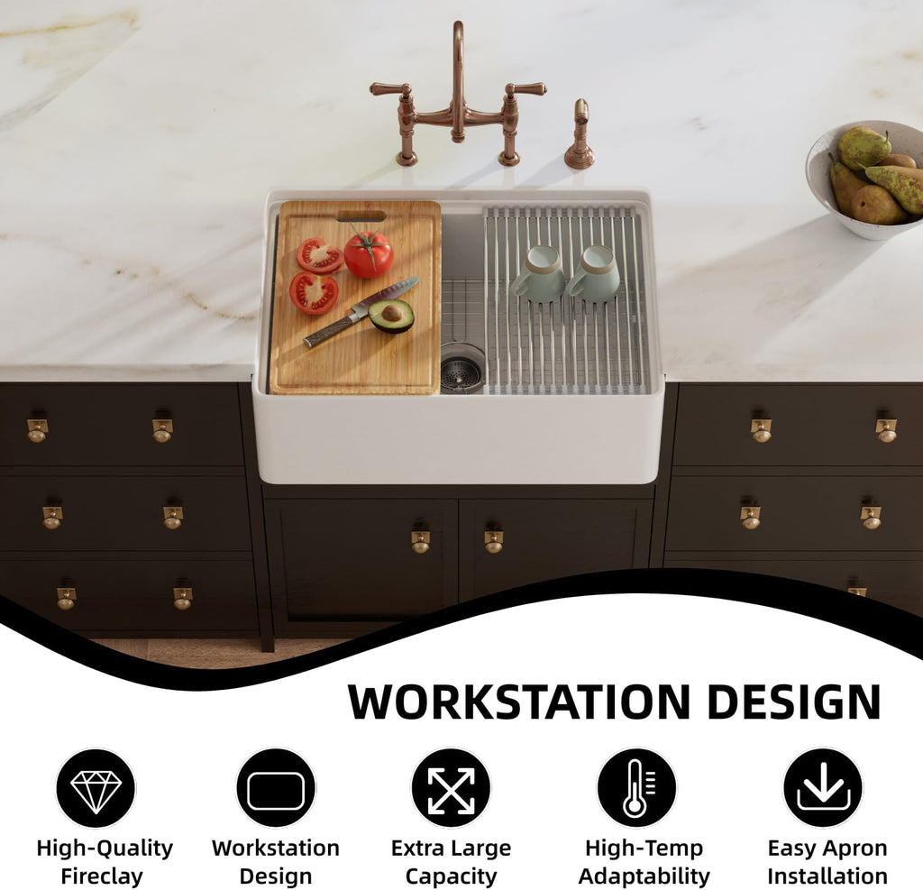 Farmhouse Sink 30 Inch, 30"W x 20"D White Kitchen Workstation Sinks, Fireclay Single Bowl Kitchen Farm Sink with