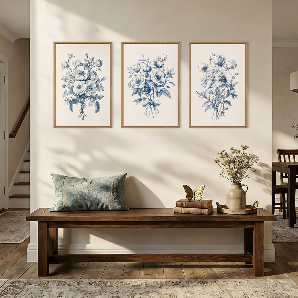 Navy Blue Floral Framed Canvas Wall Art Set,Vintage Botanical Flower Wall Decor,Modern Minimalist Bouquet Art