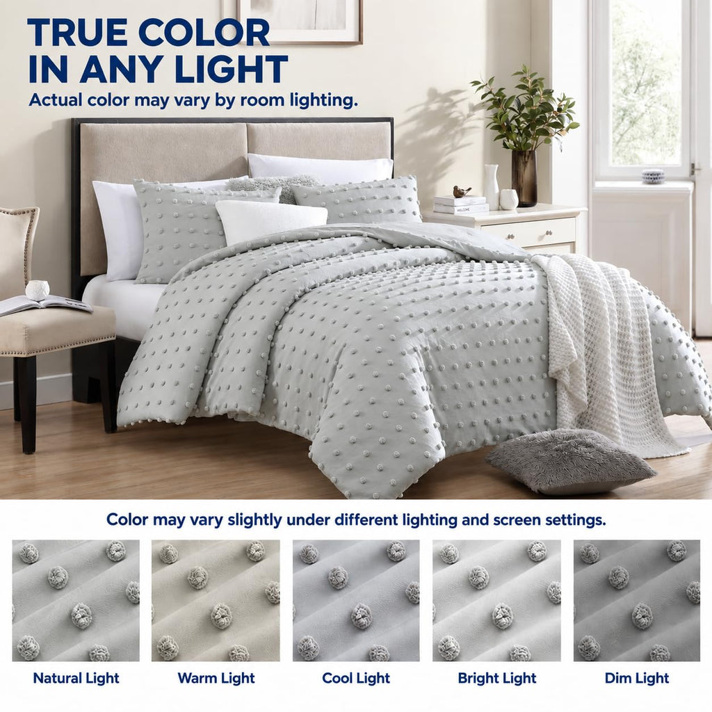 Home Comforter Set, Tufted Pom Poms, Gray