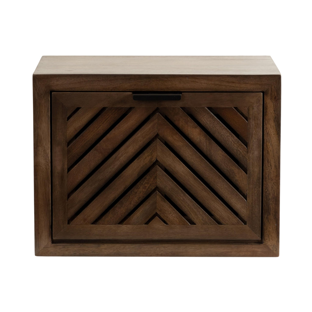 Mezzeta Modern Floating Shelf Side Table with Storage Cubby; 16 x 10 x 12; Natural Wood; Decorative Slatted Wood