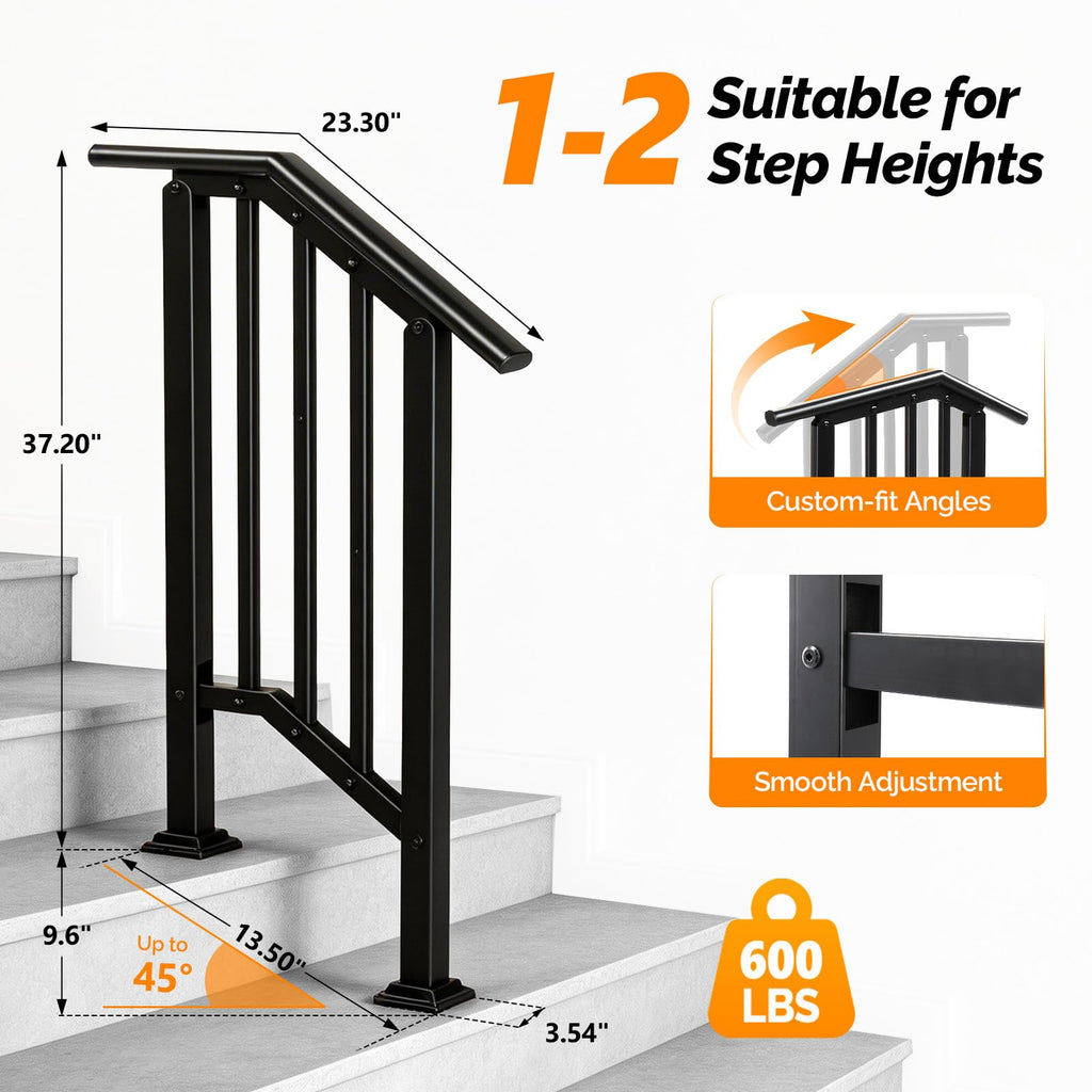 2 Pack 2 Step Handrails for Outdoor Steps, Wrought Iron Stair Railing Fits 1 or 2 Steps, Metal Hand Railing with