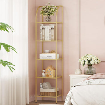 Bookcase Bookshelf, Tempered Glass Arched Bookshelf for More Storage, Slim Shelving Unit, Steel Frame