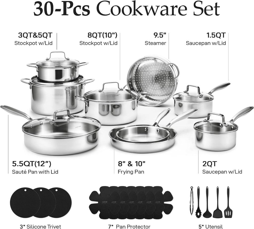 30 PCS Tri-Ply Stainless Steel Cookware Set, Pots and Pans Set, Non Toxic Induction Kitchen Cooking Sets, Cookware