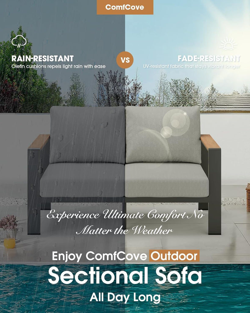 Aluminum Outdoor Patio Furniture Set 6 Seats, Outdoor Sectional Corner Sofa with Thick Waterproof Cushions & Coffee