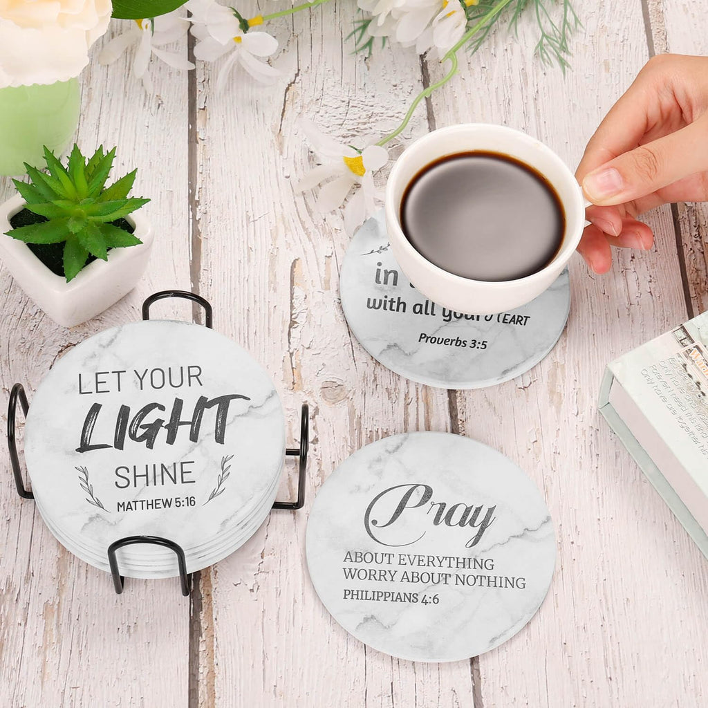 Ceramic Coasters with Bible Verses, Coasters Set of 8 with Holder, Absorbent Drink Coasters Decor and Christian