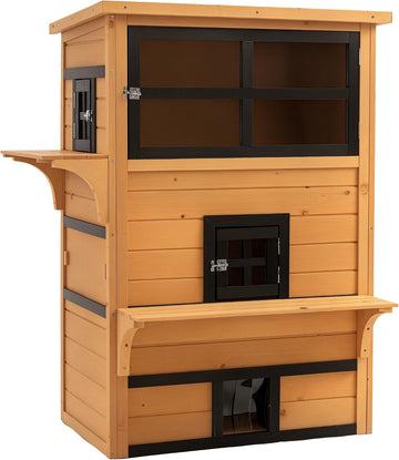 3-Story Cat House Outdoor Cat Condo with Asphalt Roof Yellow
