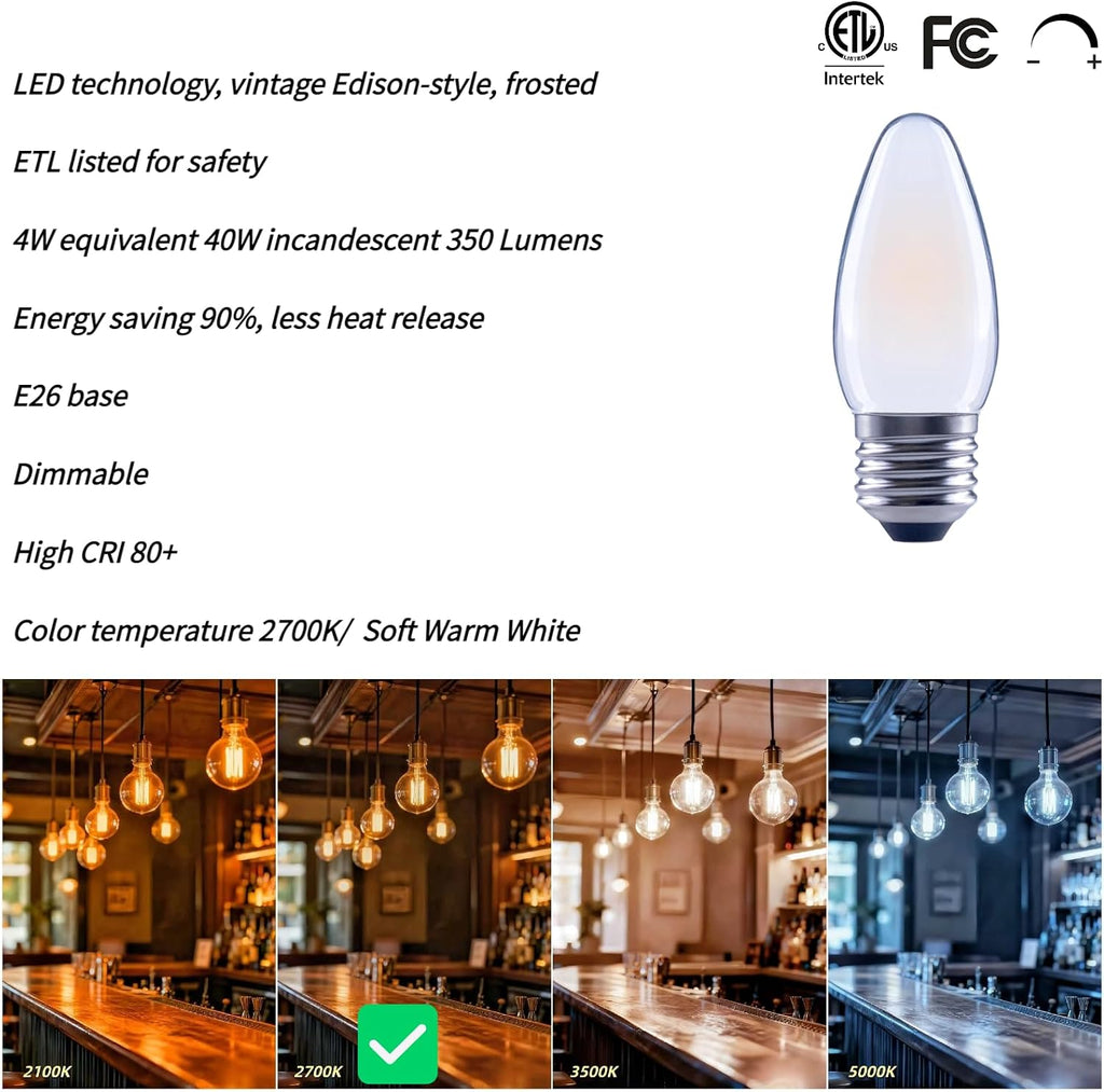 LED Candelabra Bulbs 40W Equivalent, Dimmable LED Bulbs, 4W E26 Base 2700K Soft Warm White Frosted Glass B11