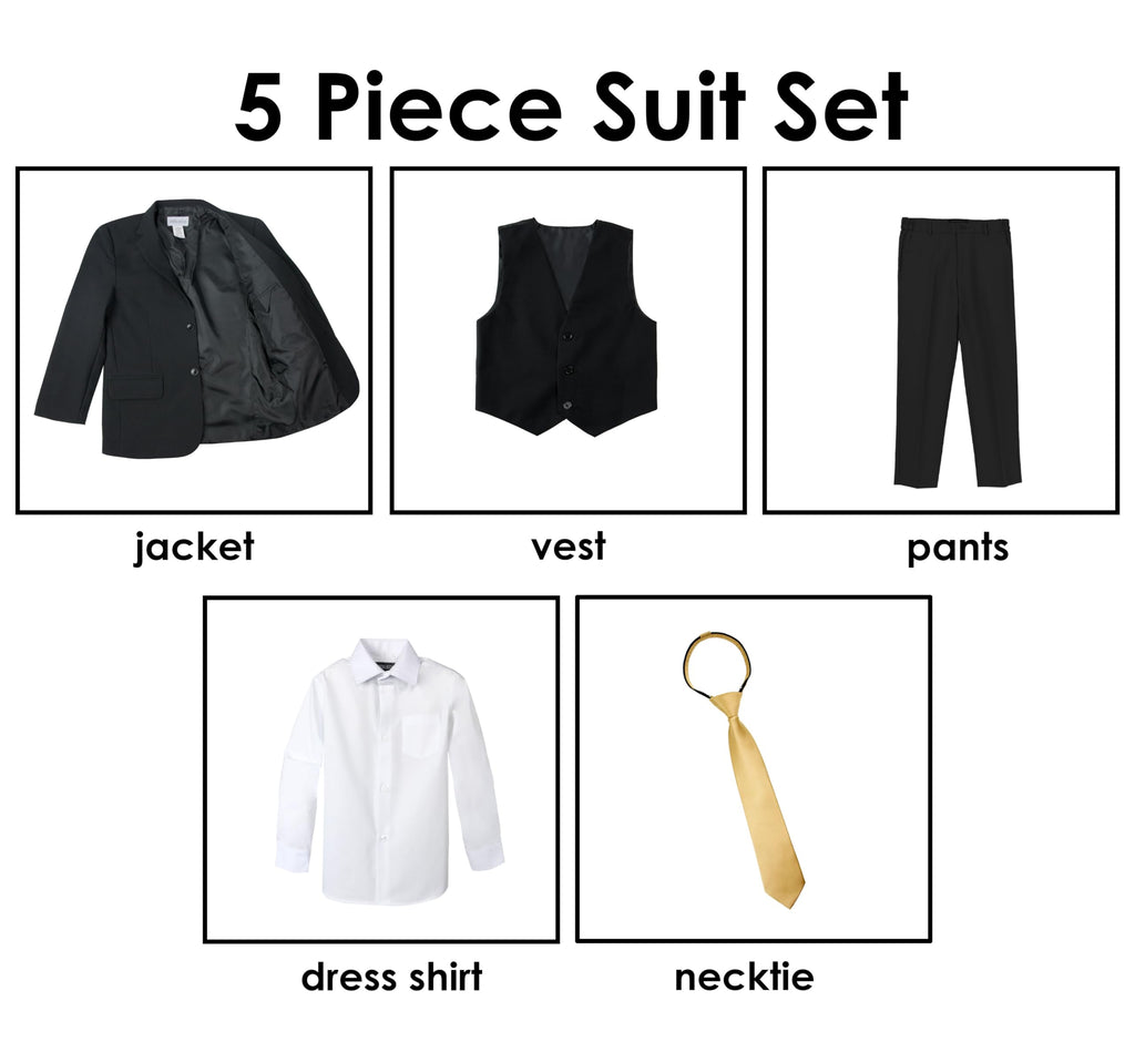 Boys' Modern Fit Suit Set - Weddings, Baptism, and Christening, Black Suit & Antique Gold Tie