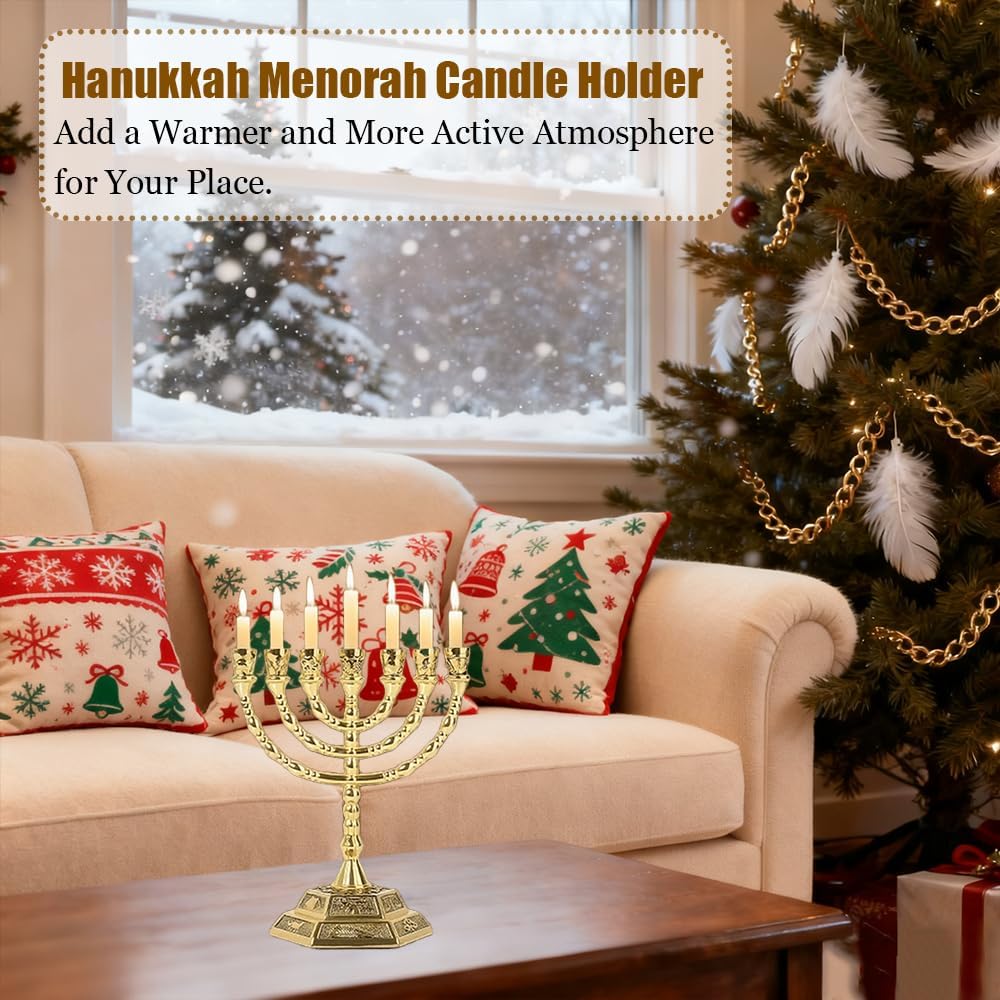 7 Branch Hanukkah Candle Holder Gold Candelabra with 12 Tribes of Israel Design, 5 Inch Jewish Candle Holder